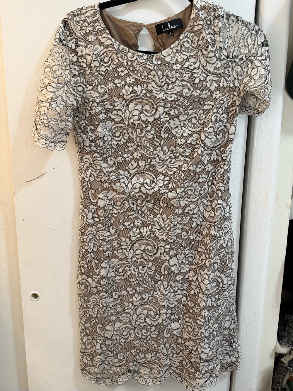 Vintage Lulu's Beige Lace Overlay Sheath Dress with White Lace